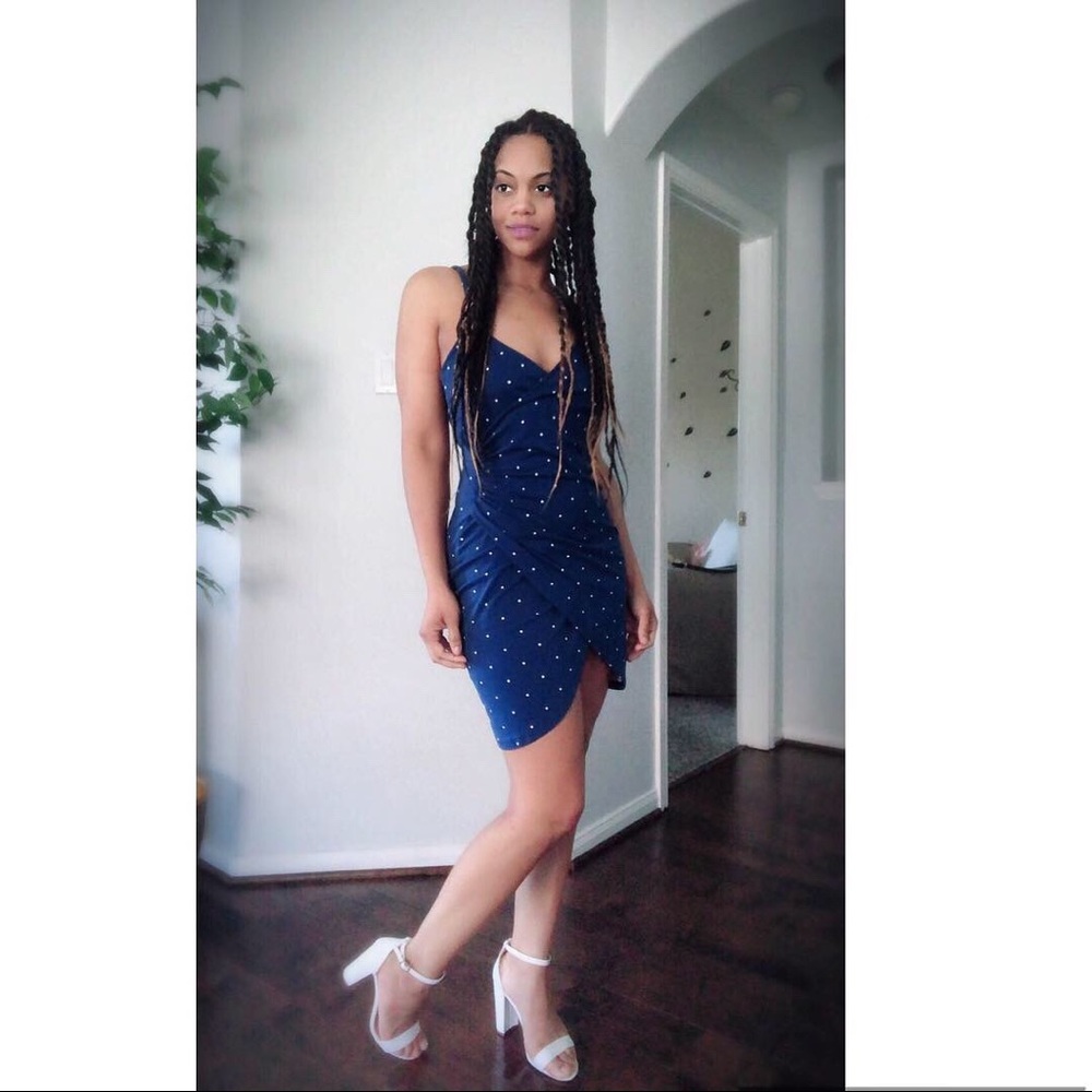 Navy blue high slip mini dress w/  tiny white dots